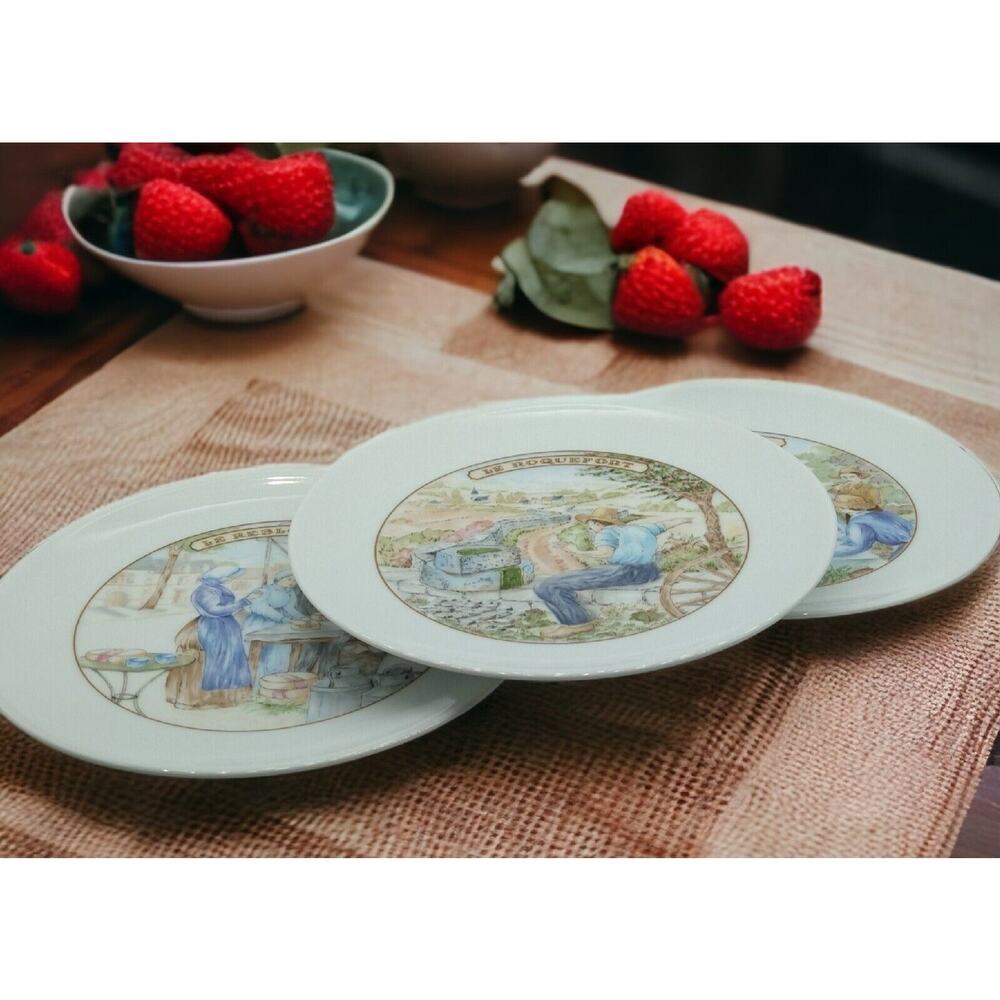 APILCO France Porcelain Plates Set/3 Cheese Motif Brie Roquefort Reblochon 7"